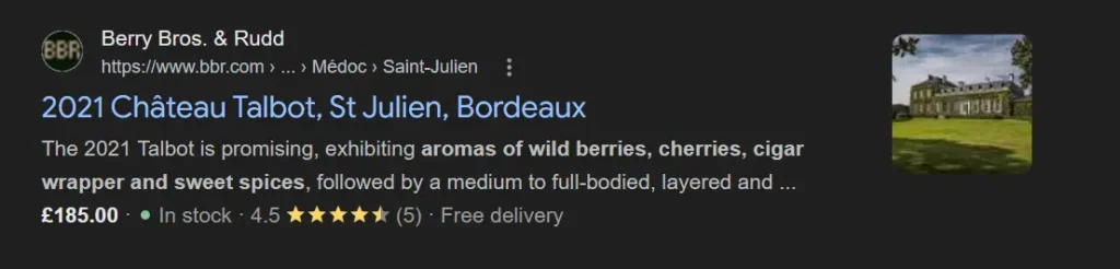 Wine Website SEO Audit: An example of a well optimized wine search result featuring ratings, prices and stock.
