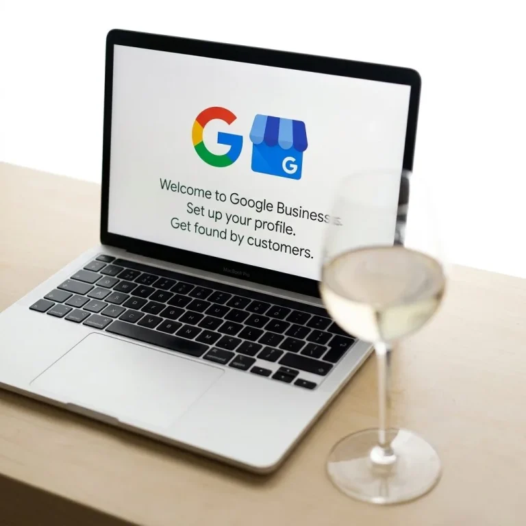 A laptop on a desk showing the Google Business Profile setup screen next to a glass of white wine, representing digital marketing and Local SEO for Wine Shops.