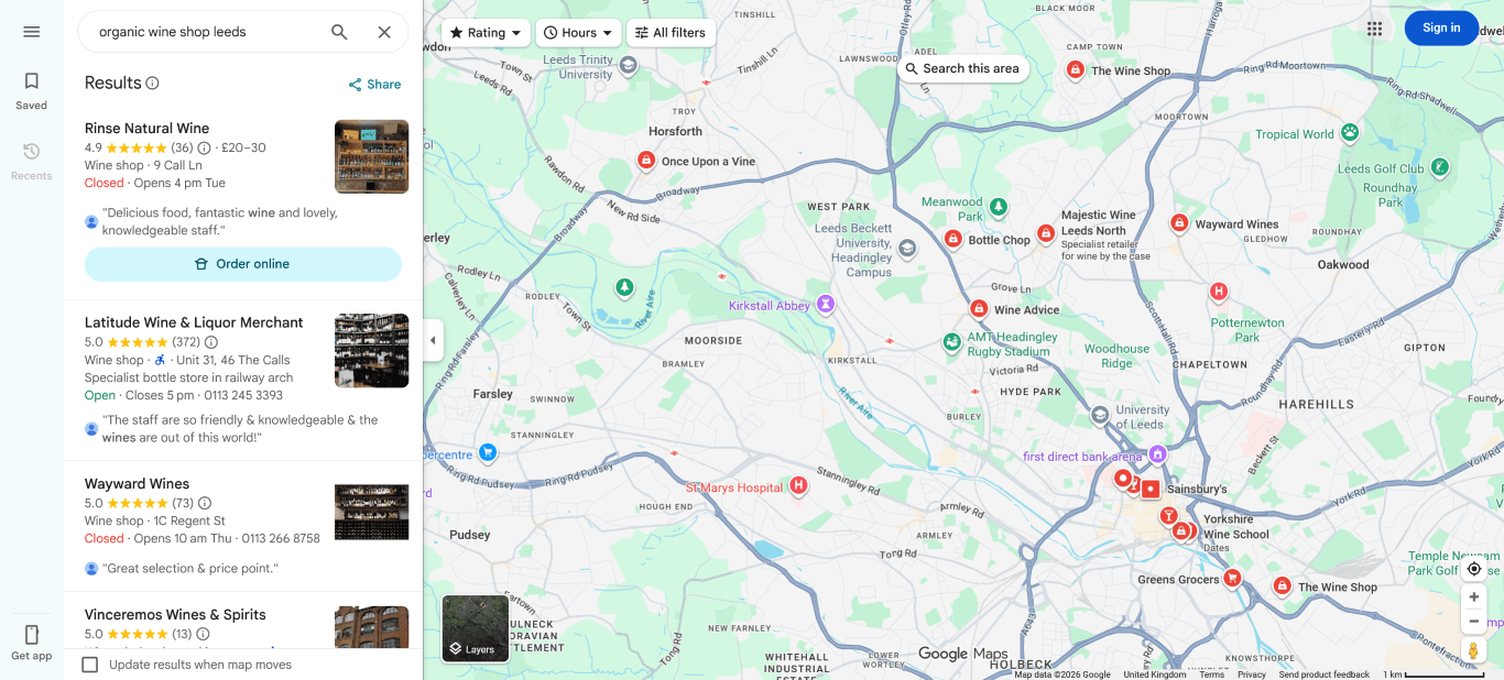 Local SEO for Wine Shops: A Google Maps Local Pack search result showing top-ranked independent wine shops.
