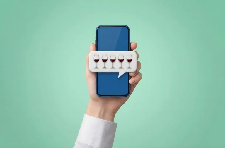 A Hand Holding a Phone With 5 Wine Glass Icons Illustrating Google Maps Reviews Strategy for Wine Bars and Bottle Shops