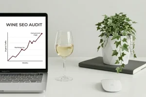 Computer displaying a wine seo audit graph and a glass of wine