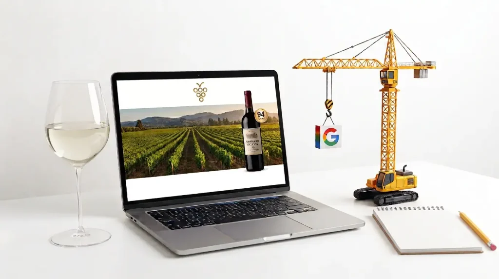 A minimalist white desk with a laptop showing a clean wine website, a glass of pale white wine, and a toy crane holding a Google logo next to a blank notepad to represent a wine website redesign SEO strategy.