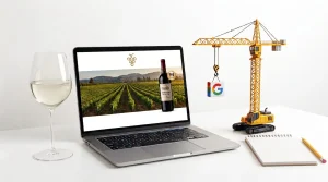 A minimalist white desk with a laptop showing a clean wine website, a glass of pale white wine, and a toy crane holding a Google logo next to a blank notepad to represent a wine website redesign SEO strategy.