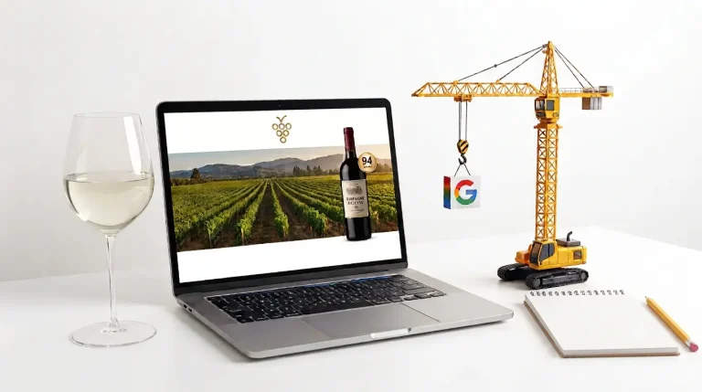 A minimalist white desk with a laptop showing a clean wine website, a glass of pale white wine, and a toy crane holding a Google logo next to a blank notepad to represent a wine website redesign SEO strategy.